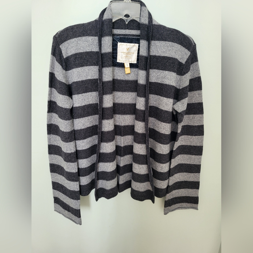American Eagle Outfitters Striped Gray Cardigan Sweater Large Angora Rabbit Hair
